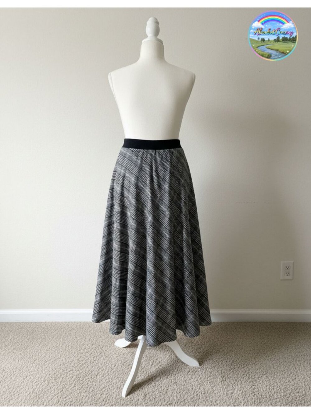 Wool Plaid A-Line Long Skirt with Elastic Waist and Pockets for Fall Winter